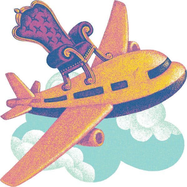 An illustration shows a toy-like airplane with an ornate cushioned, gold-edged chair atop it.