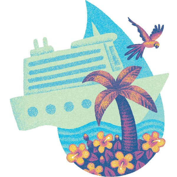 An illustration shows a stylized cruse ship with a gigantic turquoise drop of water as the backdrop. In the foreground is a yellow, purple and blue palm tree surrounded by hibiscus flowers in the same colors. Above them, also in the same colors, a parrot flutters.