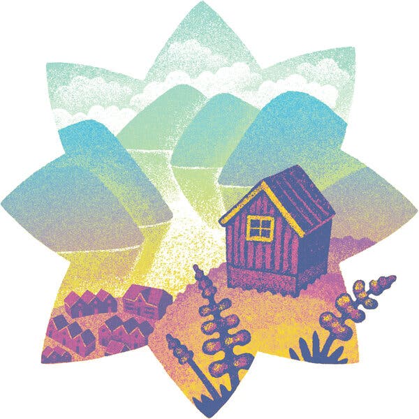 An eight-pointed star figure contains a drawing of a quiet, small, wooden cabin with mountains, water and puffy clouds rising in the background. A small town lies below the house, near the water.