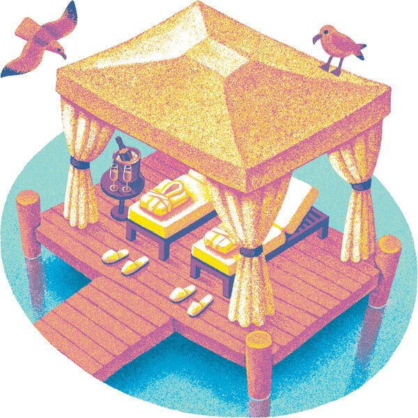 An illustration of a canopied cabana-type structure has pulled back curtains revealing two beach chairs with robes folded up on them, pairs of slippers in front, and a side table with a bottle of wine in a cooler and two glasses. Perched on top is a seagull, with another one coming in for a landing. The set-up is perched on a wooden structure that rises on posts from a blue circle of water.