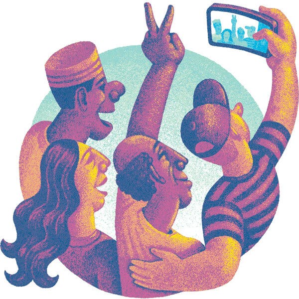 An illustration shows four people, including one man in a striped T-shirt and baseball cap, smiling and posing together for a selfie. Another man with a partly bald head holds up his hand with two fingers making the peace symbol.