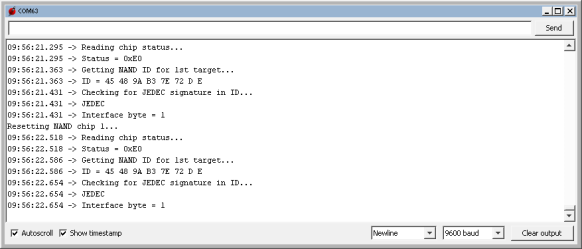 Reading out the card's Flash ID with my own microcontroller code.