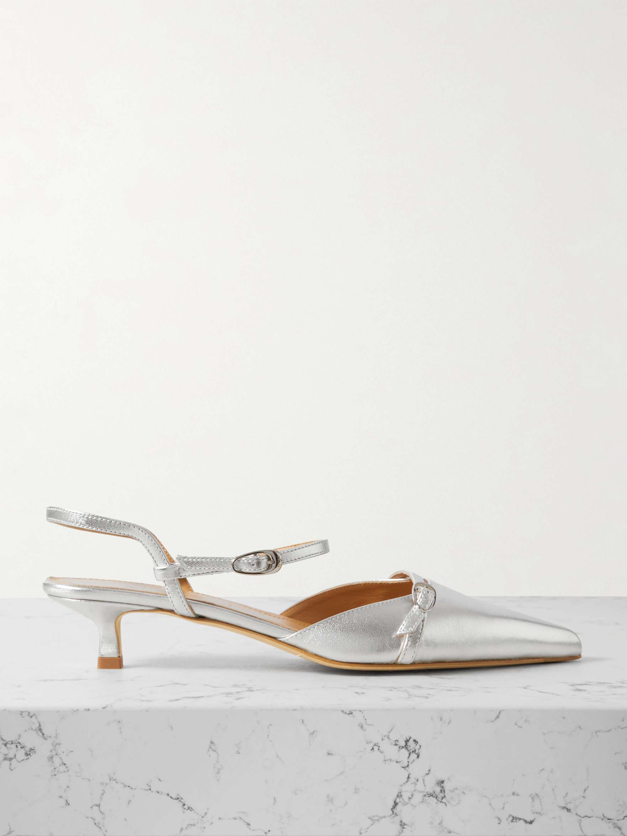 Melia Buckled Metallic Leather Slingback Pumps