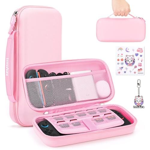 innoAura Switch 2 Carrying Case for NS Switch 2 (2025), with 9 Game Card Slots, Protective Travel Storage Case, Cute Pendant and Sticker, Pink