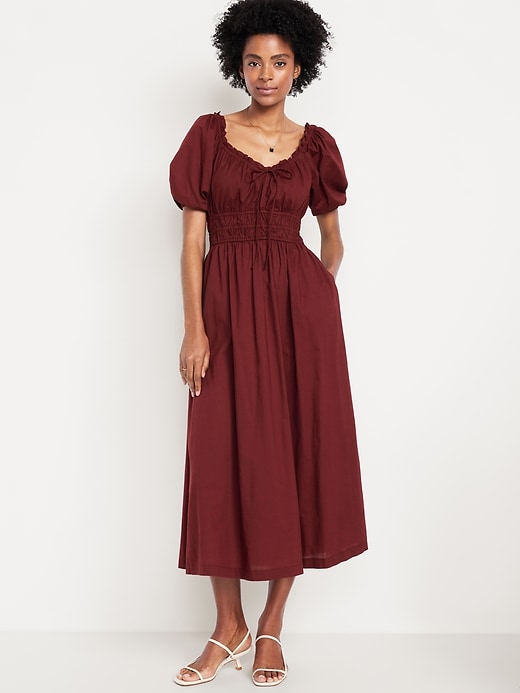 Fit &amp; Flare Puff-Sleeve Midi Dress