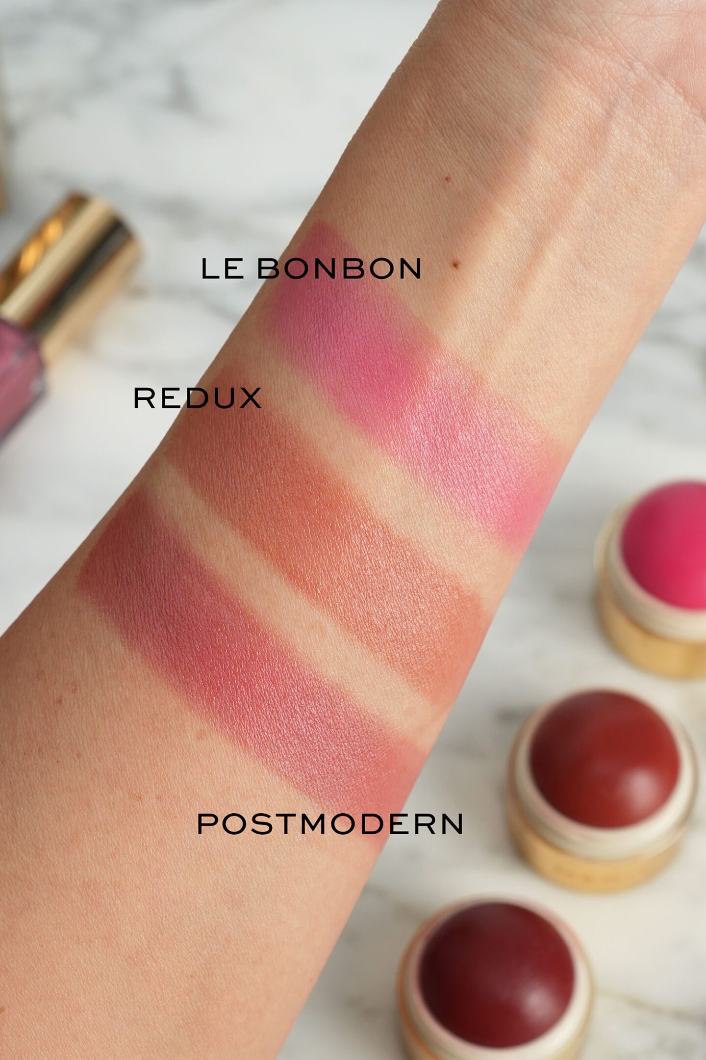 Merit Mini Flush Blush Balm Trio swatches